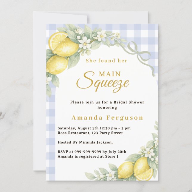 Convite Lemon gingham blue main squeeze bow Bridal Shower (Frente)