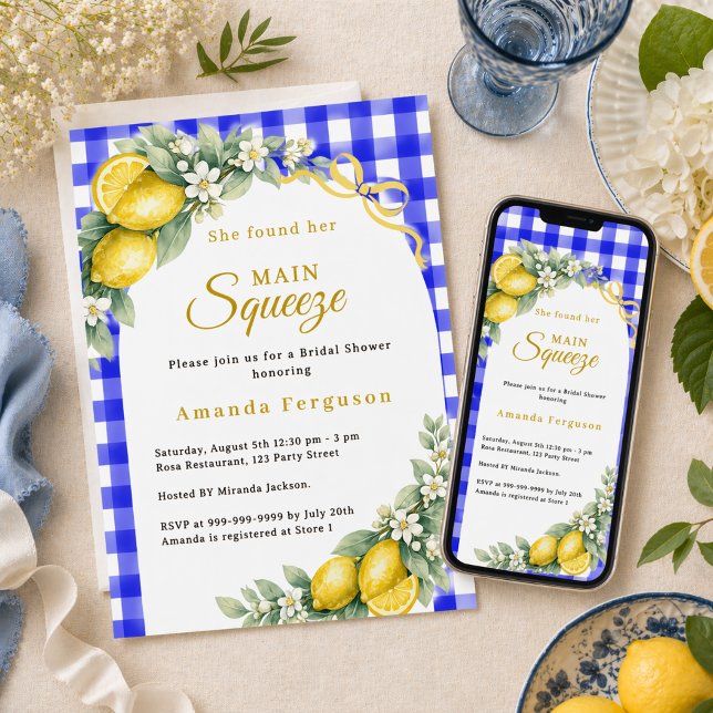 Convite Lemon gingham blue main squeeze bow Bridal Shower (Criador carregado)