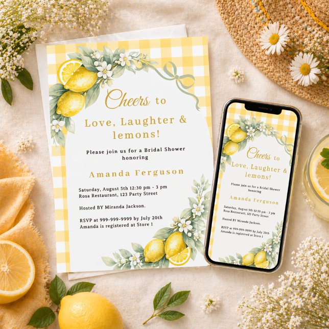 Convite Lemon gingham love laughter bow Bridal Shower (Criador carregado)
