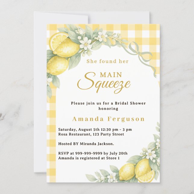 Convite Lemon gingham main squeeze bow Bridal Shower (Frente)