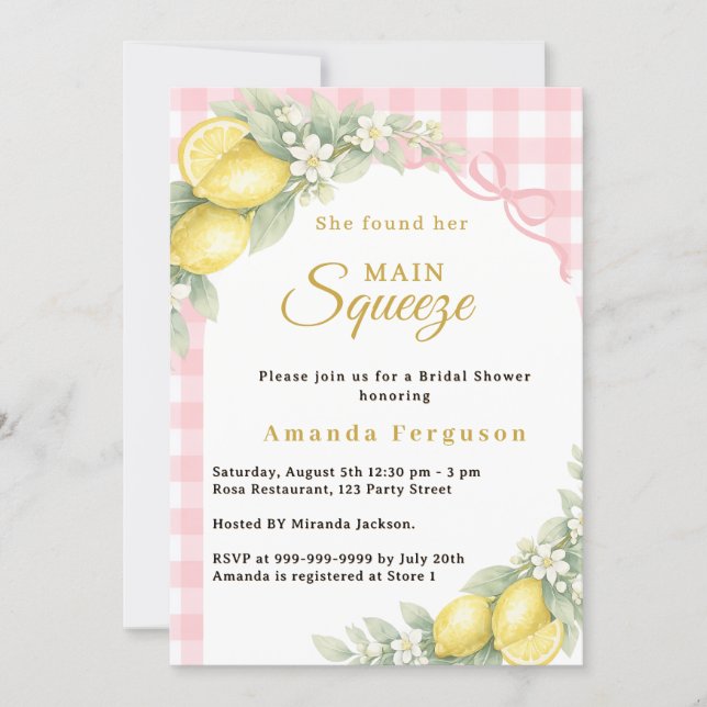 Convite Lemon gingham pink main squeeze bow Bridal Shower (Frente)