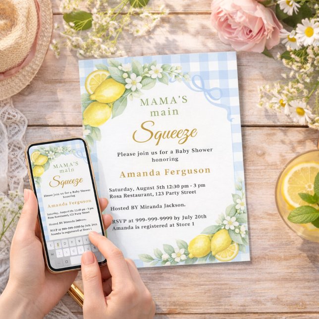 Convite Lemon gingham squeeze blue bow boy Baby Shower (Criador carregado)