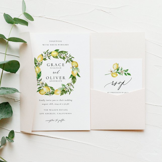Convite Lemon Greenery Wreath Código QR Casamento (Fresh and elegant watercolor lemon wedding invitation and RSVP card for a nature-inspired weddings.)