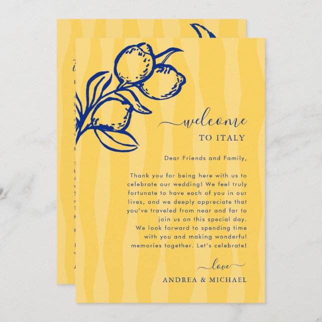 Convite Lemon Italy Wedding Welcome Letter Itinerary Card (Frente/Verso)