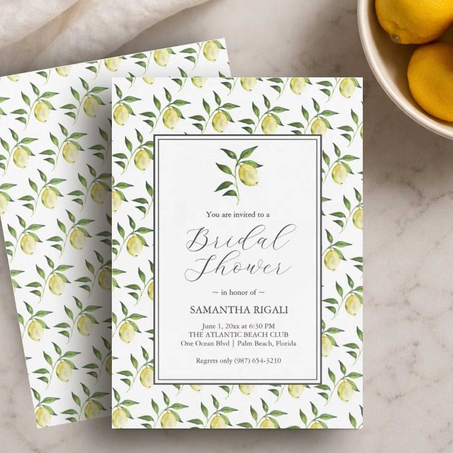 Convite Lemon Pattern Bridal Shower Invitations (Lemon bridal shower invitations designed with hand painted art by Florida watercolor artist Victoria)