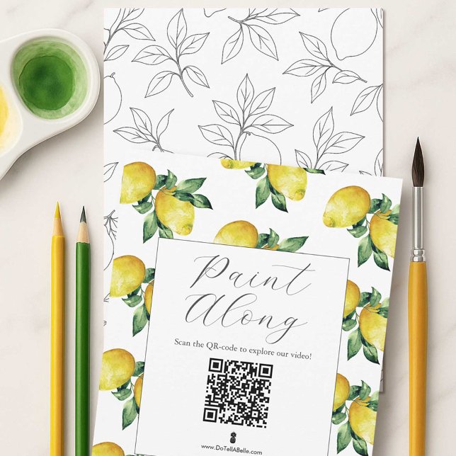 Convite Lemon Pattern Outlines (lemon outlines for adult coloring or paint and sip party with QR code to how to video)