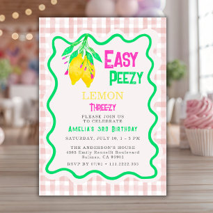 Convite Lemon Pink Gingham Três-zy 3º Aniversário Menina