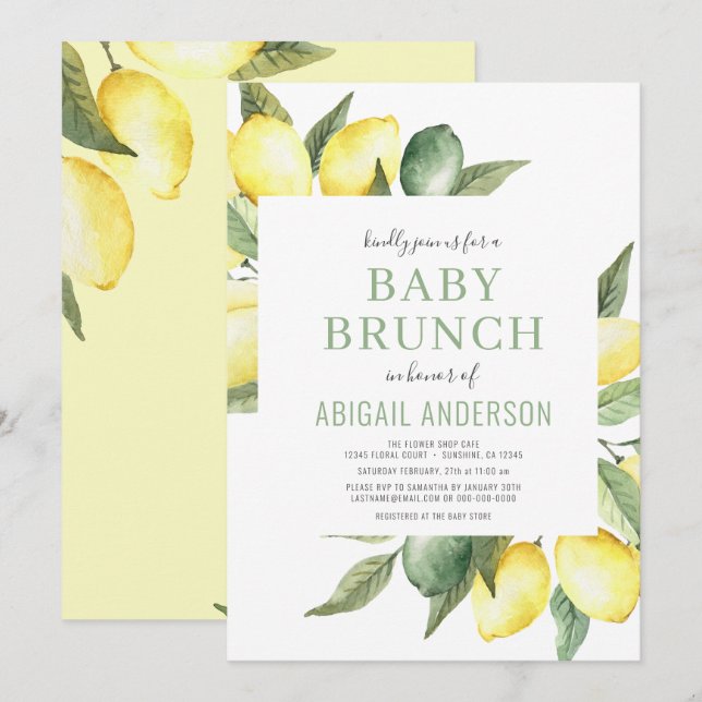 Convite Lemon Watercolor Citrus Modern Baby Brunch (Frente/Verso)