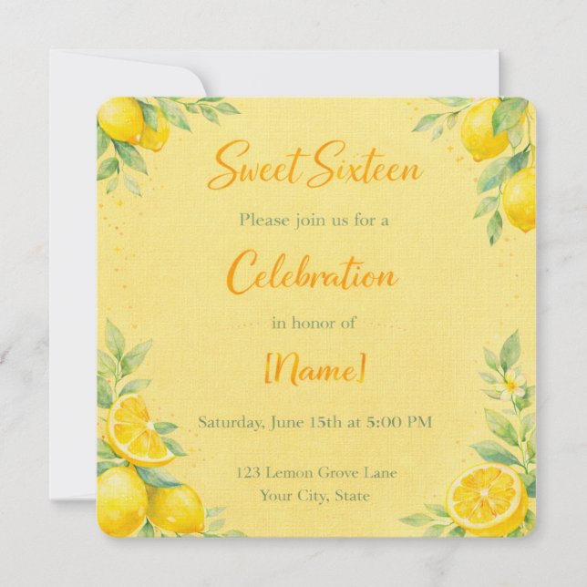 Convite "Lemon-y" Sweet 16 invite  (Frente)