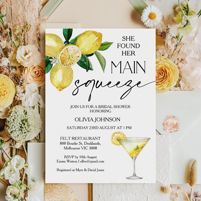 Convite Lemon Yellow Ela Encontrou O Chá de panela De Aper (Lemon Bridal Shower Invitation Template, Lemon Drop Martini Cocktail Main Squeeze Bridal Shower)