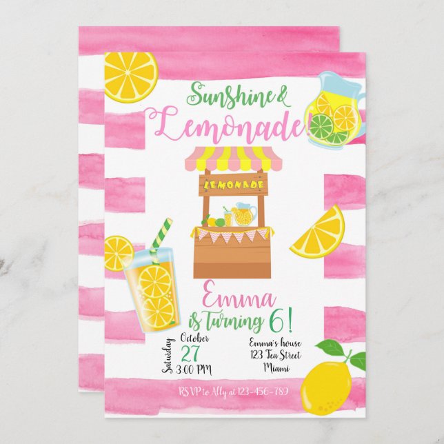 Convite Lemonade Birthday Invitation, Lemonade Invitation (Frente/Verso)