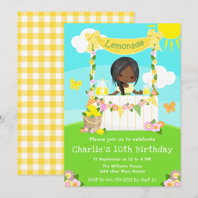 Convite Lemonade Stand Birthday Dark Skin Girl (Frente/Verso)