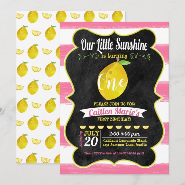 Convite Lemonade Sunshine Amarelo Cor-de-Rosa Aniversário (Frente/Verso)