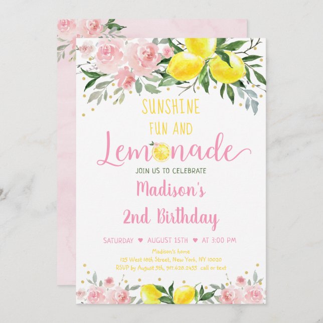 Convite Lemonade Sunshine Floral Dourada Rosa (Frente/Verso)