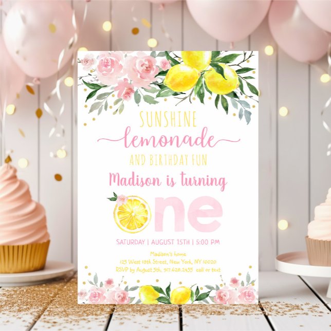 Convite Lemonade Sunshine Floral Rosa Primeiro Aniversário (Criador carregado)