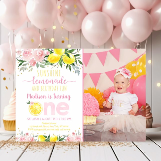 Convite Lemonade Sunshine Floral Rosa Primeiro Aniversário (Criador carregado)