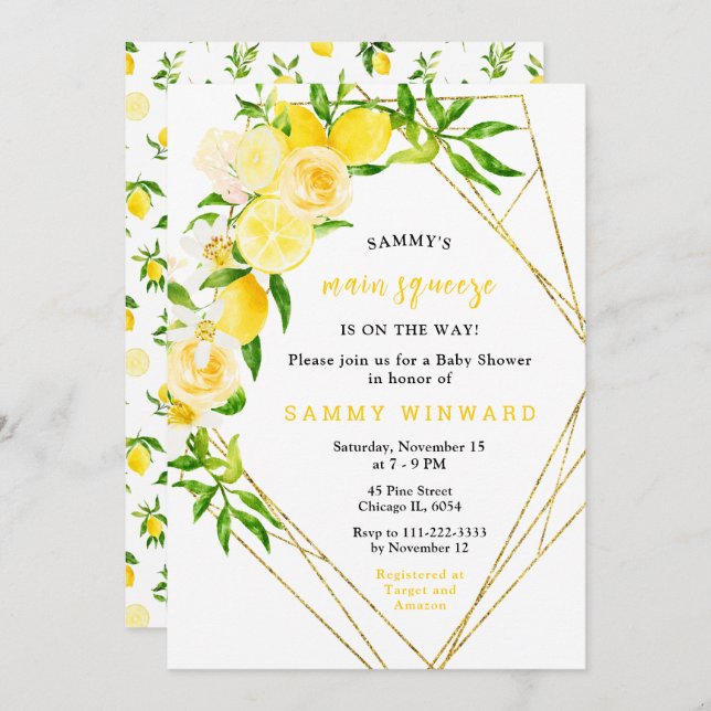Convite Lemons and Flowers with Foliage Baby Shower (Frente/Verso)