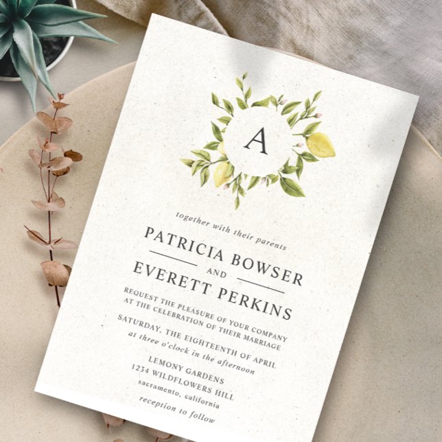 Convite Lemons and leaves | Monogram Watercolor Wedding (Criador carregado)