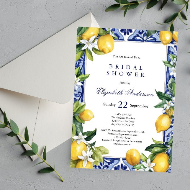 Convite Lemons Blue White Mediterranean Tile Bridal Shower (Lemons Blue white Mediterranean Tile White Florals Greenery Bridal Shower Invitation)