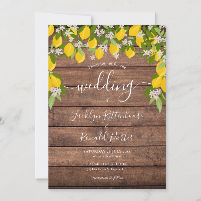 Convite Lemons Greenery Rustic Wood Weding (Frente)