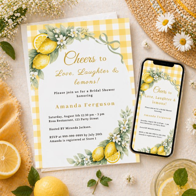 Convite Lemons love laughter bow gingham Bridal Shower (Criador carregado)