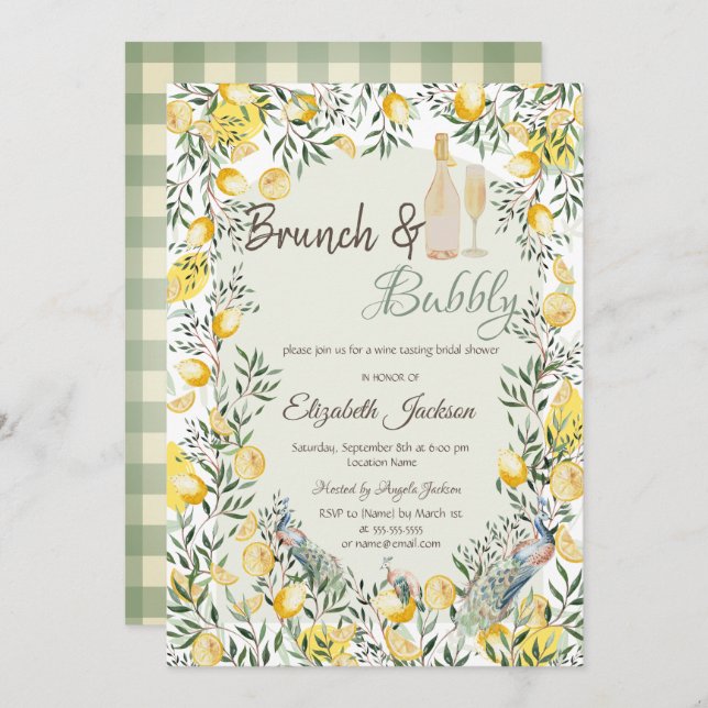 Convite Lemons Peacock Xadrez Verde Brunch e Bubble (Frente/Verso)