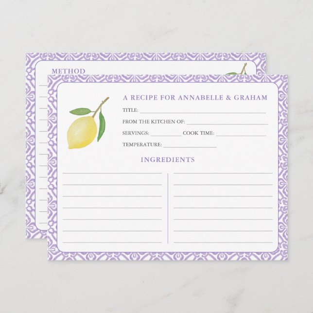 Convite Lemons Purple Text Bridal Shower Recipe Card (Frente/Verso)