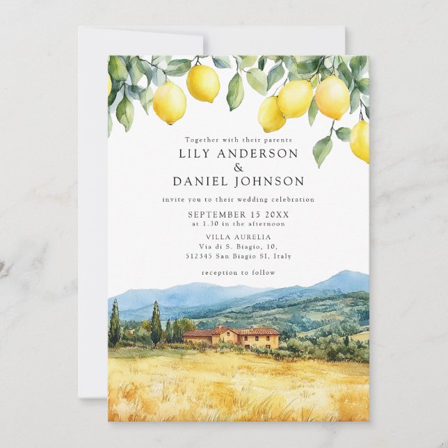 Convite Lemons Tuscan Scene Italian Wedding (Frente)