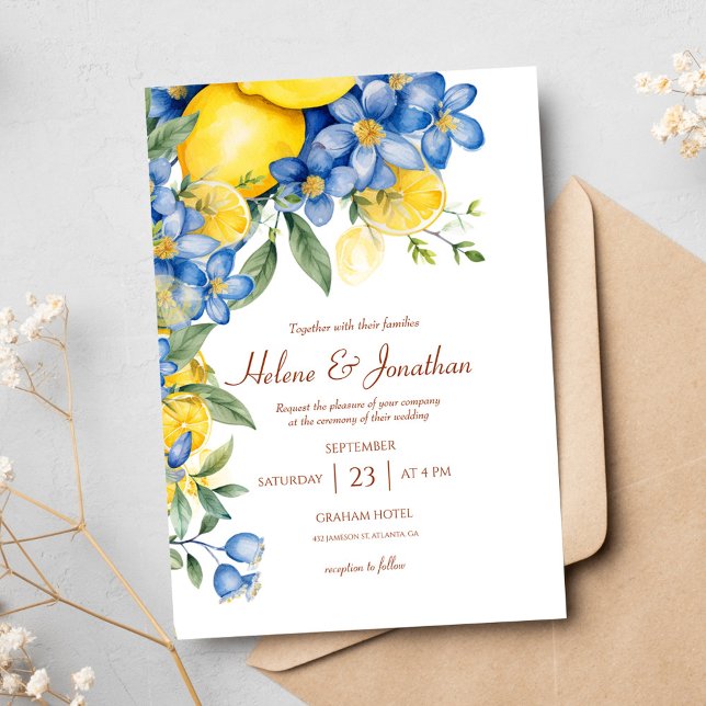 Convite Lemons Watercolor Blue Yellow Elegant Weding (Lemons Watercolor Blue Yellow Elegant Wedding Invitation)