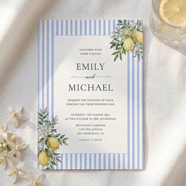 Convite Lemons With Blue Stripes Citrus Wedding Invitation (Criador carregado)