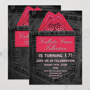 Convite Lenço Rosa na Bolsa de Jean Denim Preto