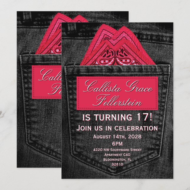 Convite Lenço Rosa na Bolsa de Jean Denim Preto (Frente/Verso)
