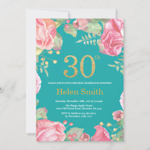 Convite Lente Dourada de aniversário de 30 anos floral e l