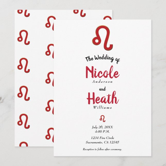 Convite LEO Astronomia do Zodíaco Vermelho Casamento de Ju (Frente/Verso)