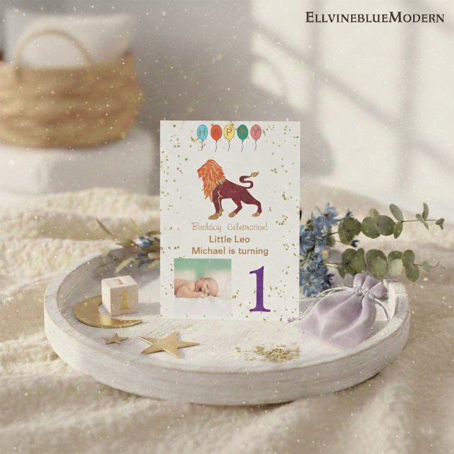 Convite Leo Primeiro Aniversário Dourado, Balões e Foto (Criador carregado)