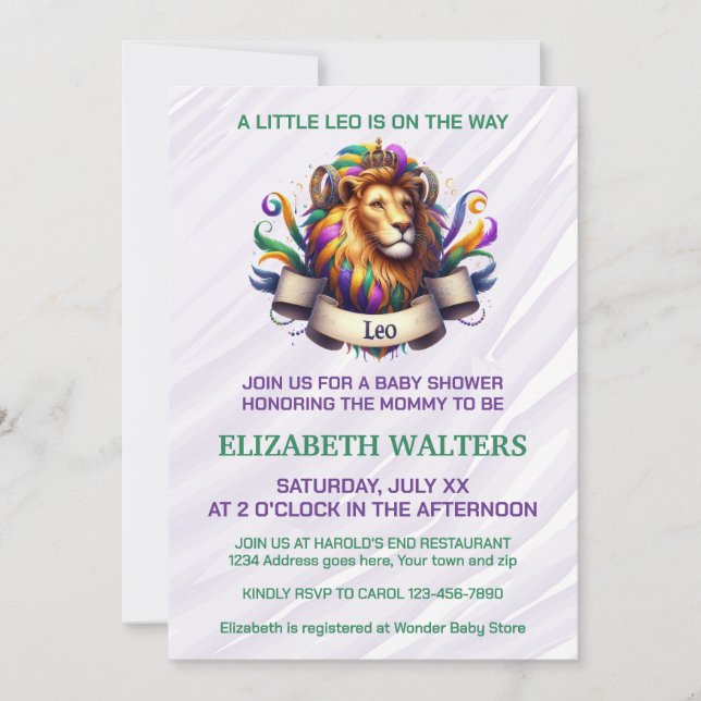 Convite Leo Zodiac Baby Shower Lavender and Green (Frente)