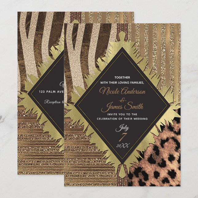 Convite Leoa Safari Chic Selva Glam Casamento Moderno (Frente/Verso)