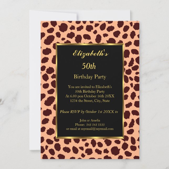 Convite Leopard 50th Festa de aniversário Dourado Negro (Frente)