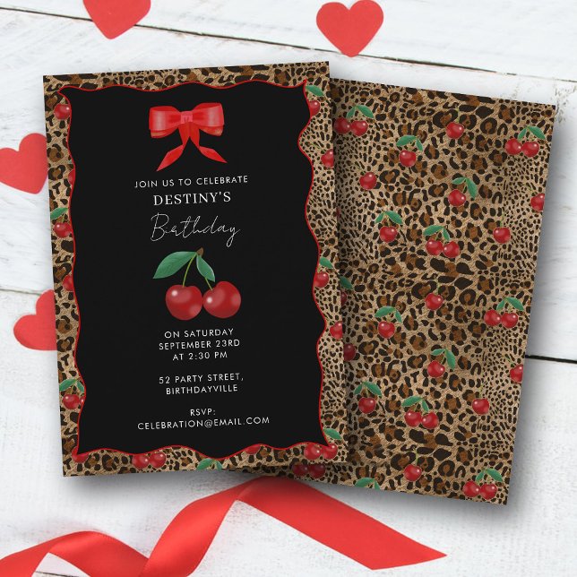 Convite Leopard Cheetah Animal Print Cherry Girl Birthday (Leopard Cheetah Animal Print Cherry Girl Birthday Invitation)