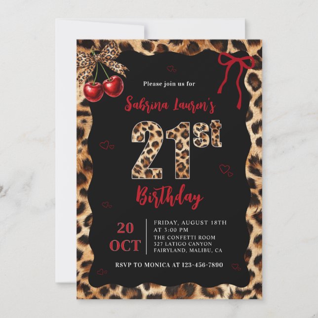 Convite Leopard Cheetah Cherry 21st Birthday Invitation (Frente)