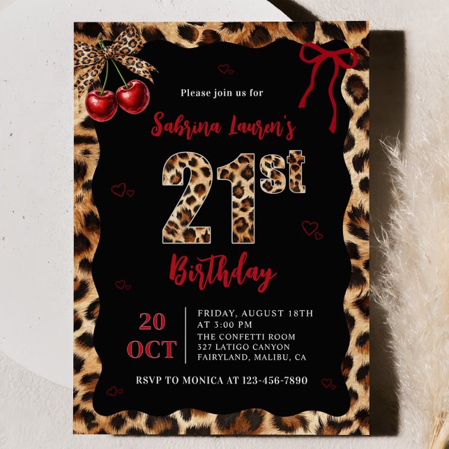 Convite Leopard Cheetah Cherry 21st Birthday Invitation (Criador carregado)
