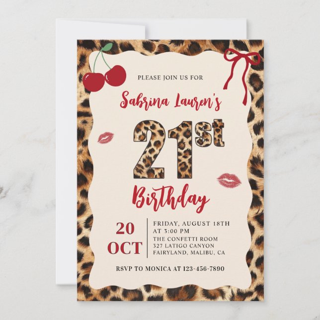 Convite Leopard Cheetah Cherry Birthday (Frente)
