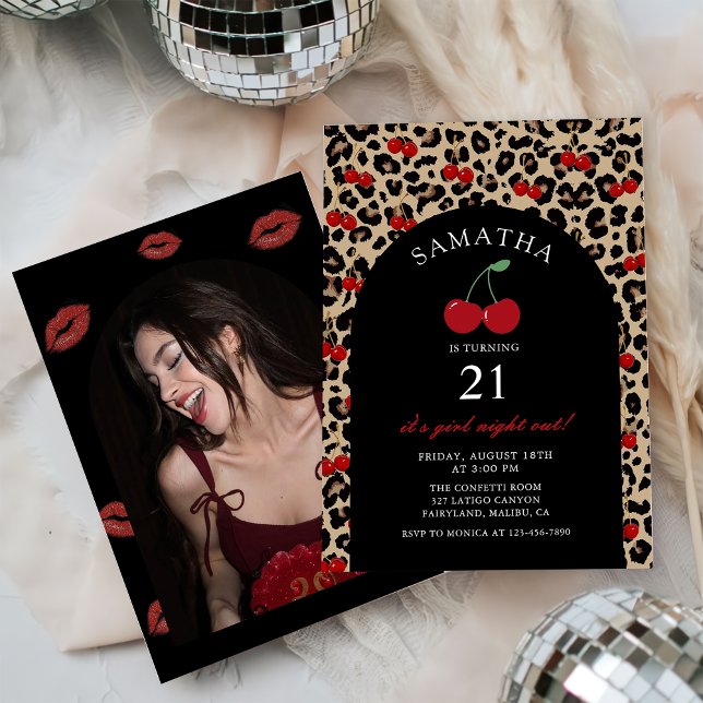Convite Leopard Cheetah Cherry Birthday Photo Invitation (Criador carregado)