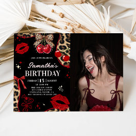 Convite Leopard Cheetah Coquette Cherry Birthday Photo