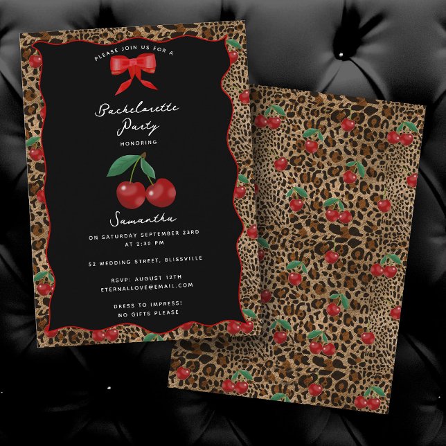 Convite Leopard Cheetah Print Cherry Cocktail Bachelorette (Leopard Cheetah Print Cherry Cocktail Bachelorette Invitation)