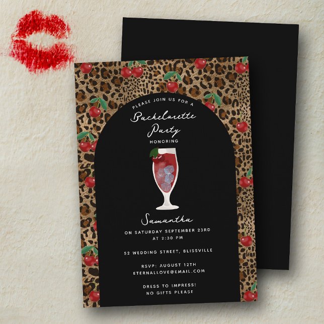 Convite Leopard Cheetah Print Cherry Cocktail Bachelorette (Leopard Cheetah Print Cherry Cocktail Bachelorette Invitation)