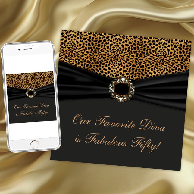 Convite Leopard Diva Womans Fabulosa 50ª Festa de aniversá (Elegant leopard jewel any occasion invitation. Instant download and printed invitations available.)