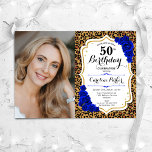 Convite Leopard Impressão Dourada Real Foto Azul 50º Anive<br><div class="desc">Elegante convite floral feminino para o 50º aniversário com sua foto. Glam design azul real com ouro brilhante. Possui impressão de leopardo animal, rosas azuis de safira quente, fonte de script e confetti. Perfeito para uma festa de comemoração de na moda adulto. Personalize com seus próprios detalhes. Pode ser personalizado...</div>