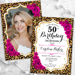 Convite Leopard Imprime Dourada Foto Rosa 50º Aniversário<br><div class="desc">Elegante convite de 50 anos femininos com sua foto na parte de trás do cartão. Design de vidro com impressão de leopardo animal e ouro brilhante falso. Apresenta rosas rosa quente, fonte de script e confetti. Perfeito para uma festa de comemoração de na moda adulto. Personalize com seus próprios detalhes....</div>