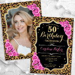 Convite Leopard Imprime preto rosa Foto 50º aniversário<br><div class="desc">Elegante convite de 50 anos femininos com sua foto na parte de trás do cartão. Design preto de vidro com impressão de leopardo animal e ouro brilhante falso. Possui rosas cor-de-rosa, fonte de script e confetti. Perfeito para uma festa de comemoração de na moda adulto. Personalize com seus próprios detalhes....</div>